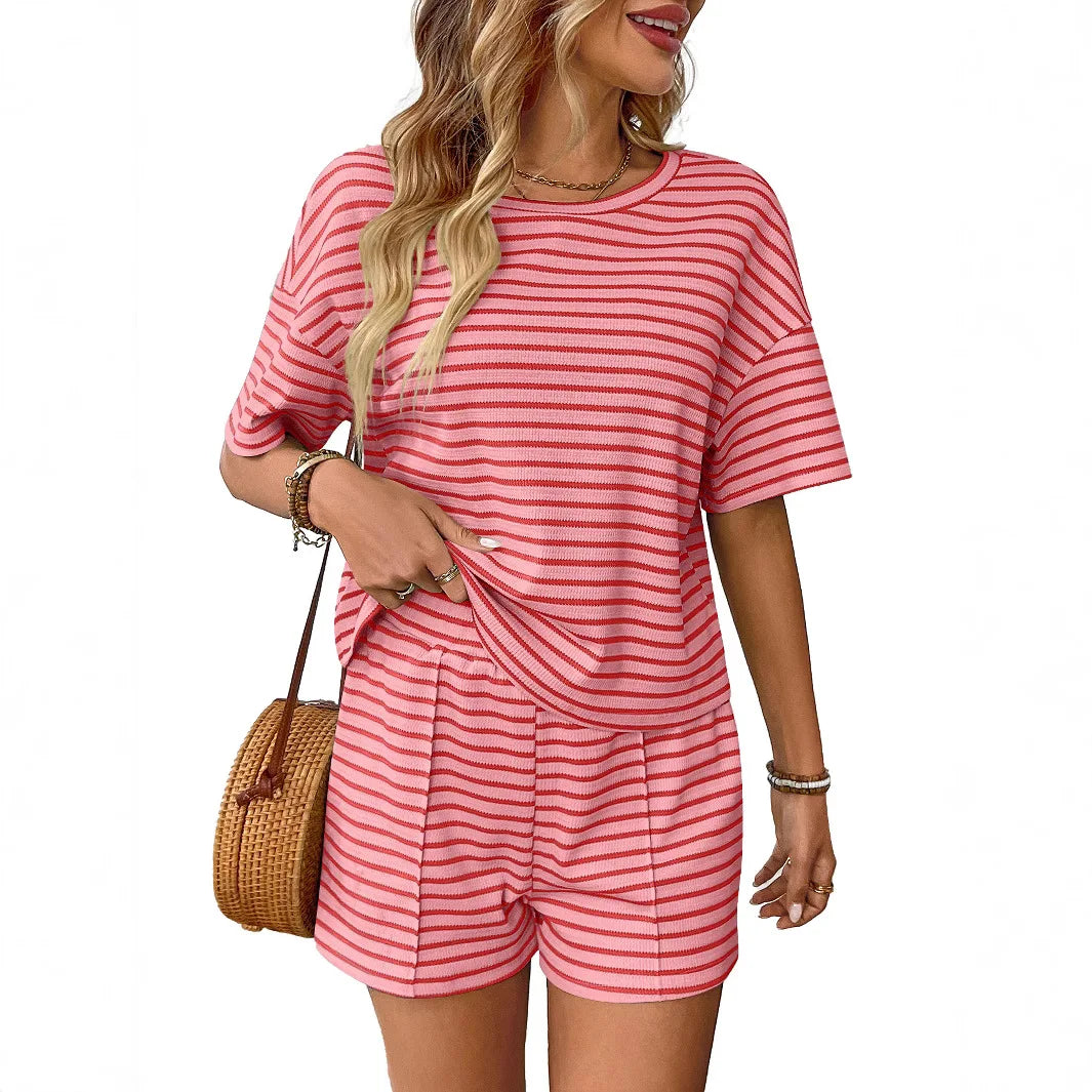 Women Two Piece Short Sets Round Neck Casual Loose Striped Short Sets Knit Elastic Waist