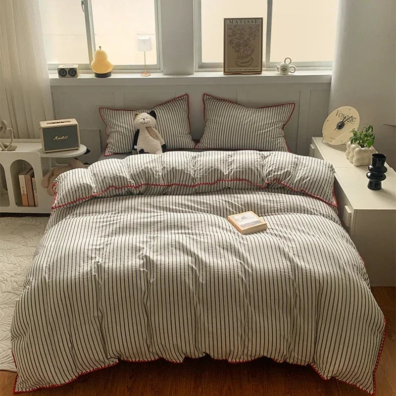 New Shell Edge Pure Cotton Bedding Set Simple Striped Printed Skin Friendly Comforter Cover Sets Washable Non Fading Bed Linens