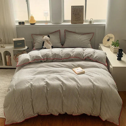 New Shell Edge Pure Cotton Bedding Set Simple Striped Printed Skin Friendly Comforter Cover Sets Washable Non Fading Bed Linens