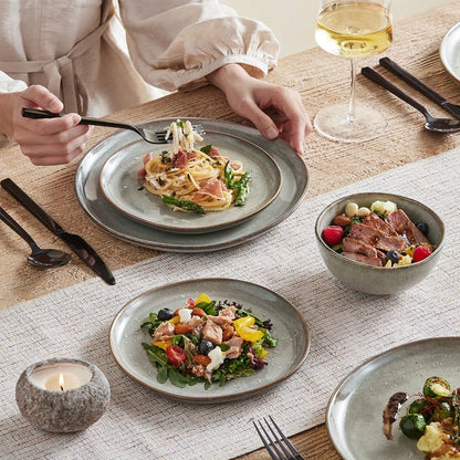 Stoneware Dinnerware Sets for 4, Reactive Glaze Plates and Bowls, Grey | 12-Piece Handcrafted Rustic Porcelain Dishes Set, Highly Scratch Resistant, Dishwasher & Microwave Safe
