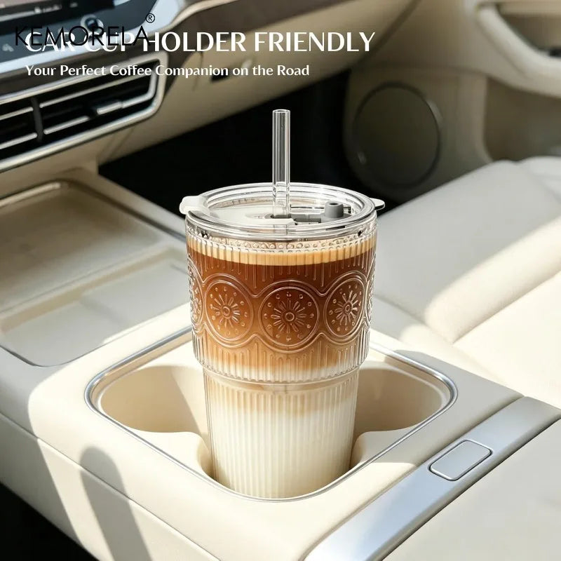 1/2PCS Ribbed &Floral Glass Coffee Cup  with Lids and Straws 590ML for Iced Coffee Smoothies Milk Water Juice and More Drinkware