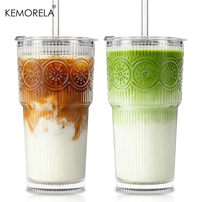 1/2PCS Ribbed &Floral Glass Coffee Cup  with Lids and Straws 590ML for Iced Coffee Smoothies Milk Water Juice and More Drinkware