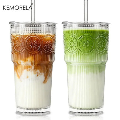 1/2PCS Ribbed &Floral Glass Coffee Cup  with Lids and Straws 590ML for Iced Coffee Smoothies Milk Water Juice and More Drinkware