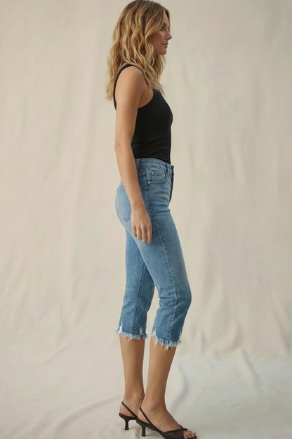 Lauren Mid Rise Capri with Frayed Hem Jeans