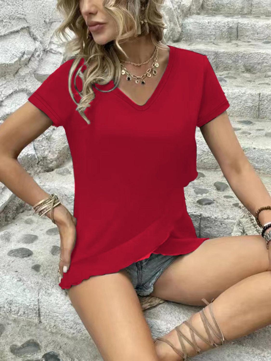 V-Neck Short Sleeve Blouse - Blu Lotus Boutique