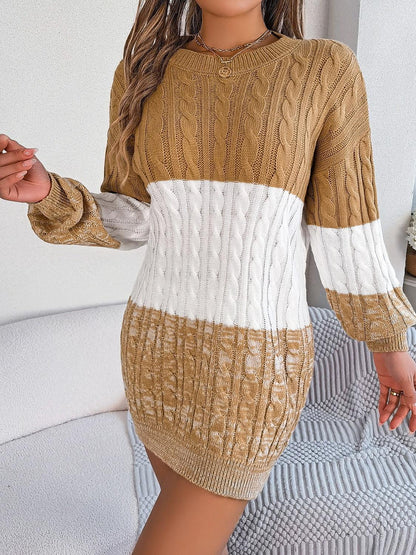 Cable-Knit Round Neck Color Block Sweater Dress - Blu Lotus Boutique