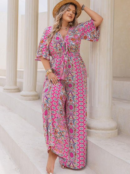 Plus Size Printed Half Sleeve Wide Leg Jumpsuit - Blu Lotus Boutique