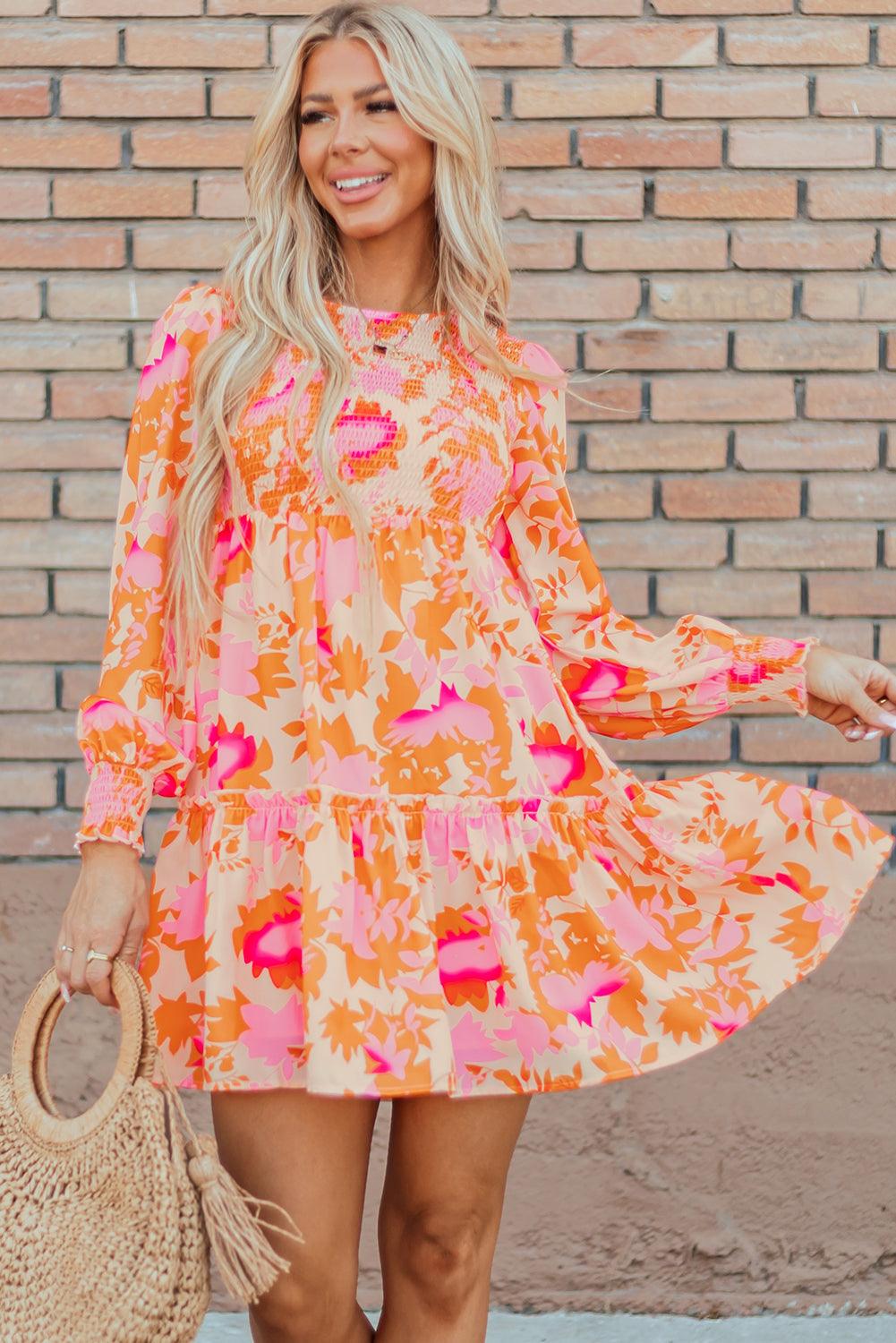 Orange Abstract Print Smocked Lantern Sleeve Ruffle Mini Dress - Blu Lotus Boutique