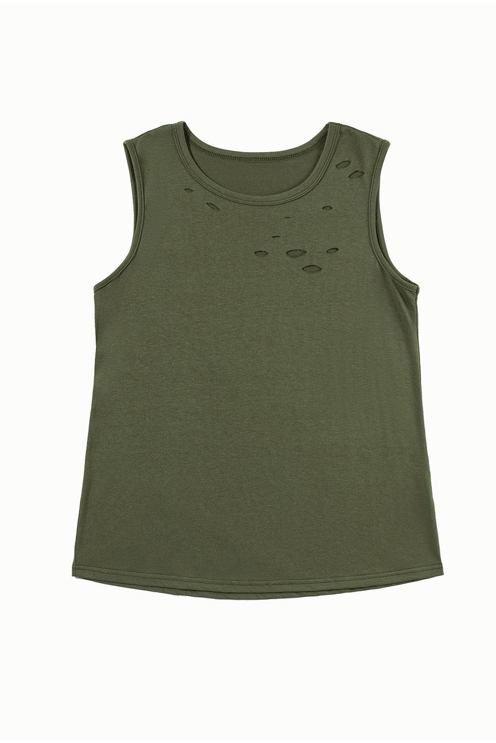 Jungle Green Solid Color Distressed Holes Crew Neck Tank Top - Blu Lotus Boutique