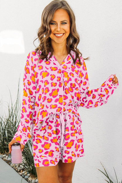 Pink Leopard Print Long Sleeve Shirt and Shorts Pajama Set - Blu Lotus Boutique