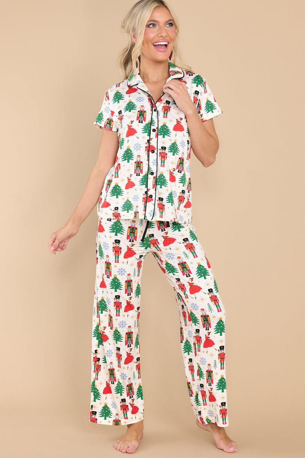 White Printed Christmas Pattern Buttoned Two Piece Sleepwear - Blu Lotus Boutique