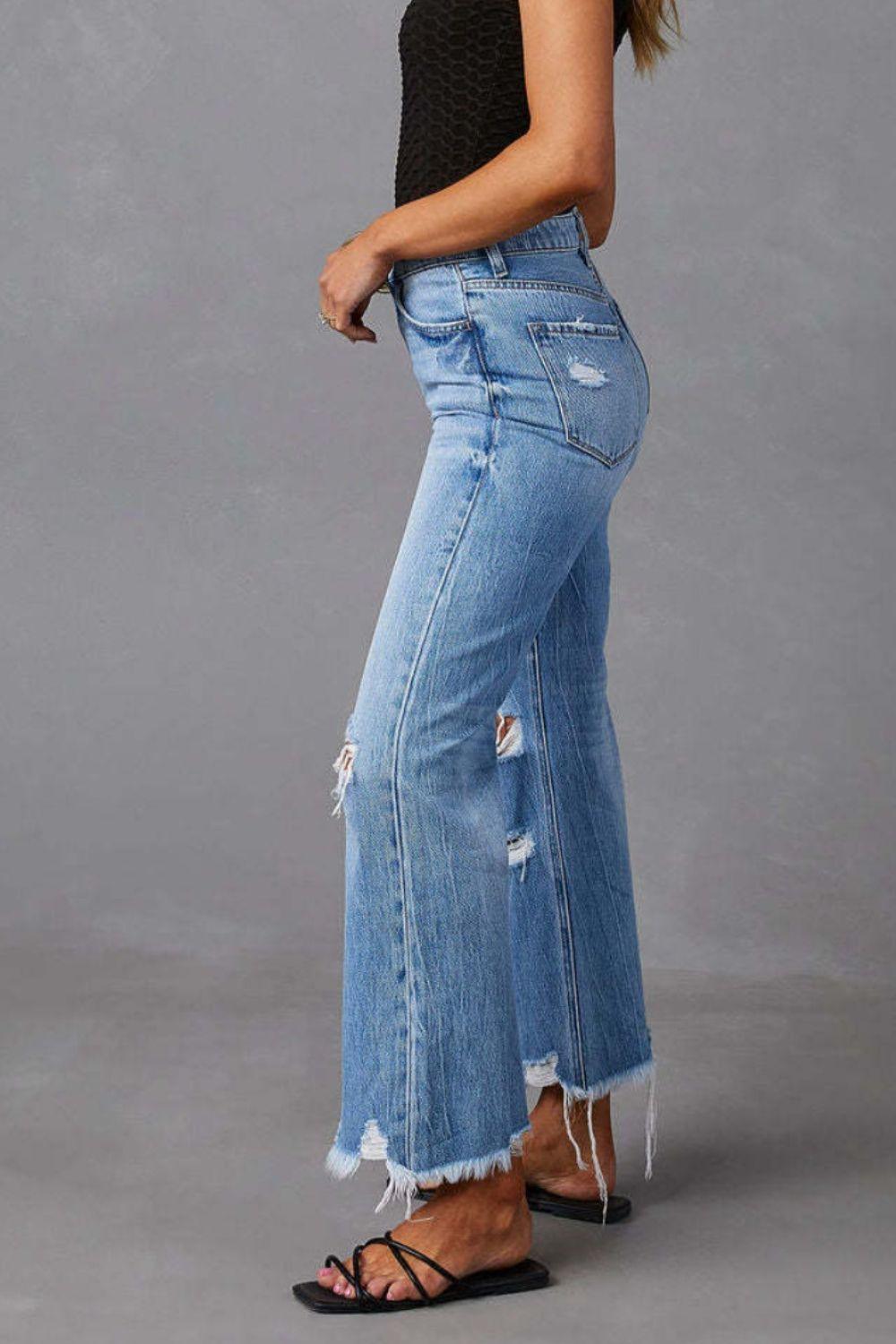 Distressed Raw Hem Jeans with Pockets - Blu Lotus Boutique