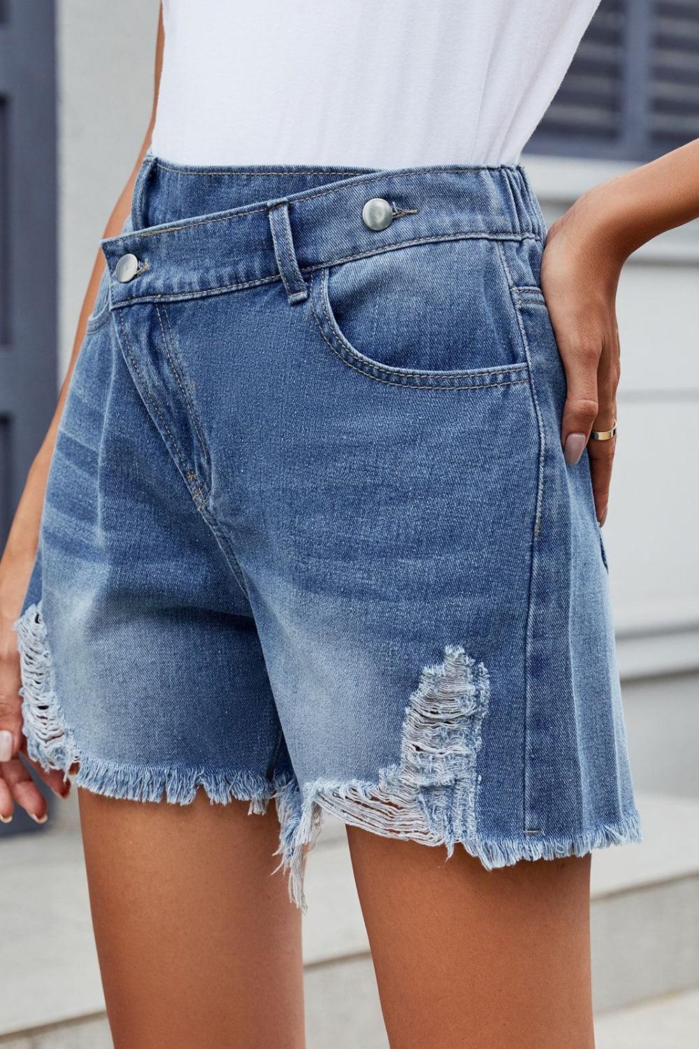 Distressed Raw Hem Asymmetric Waist Denim Shorts - Blu Lotus Boutique