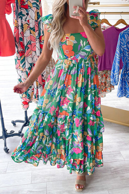 Green Floral Print Sleeveless Ruffle Tiered Maxi Dress - Blu Lotus Boutique