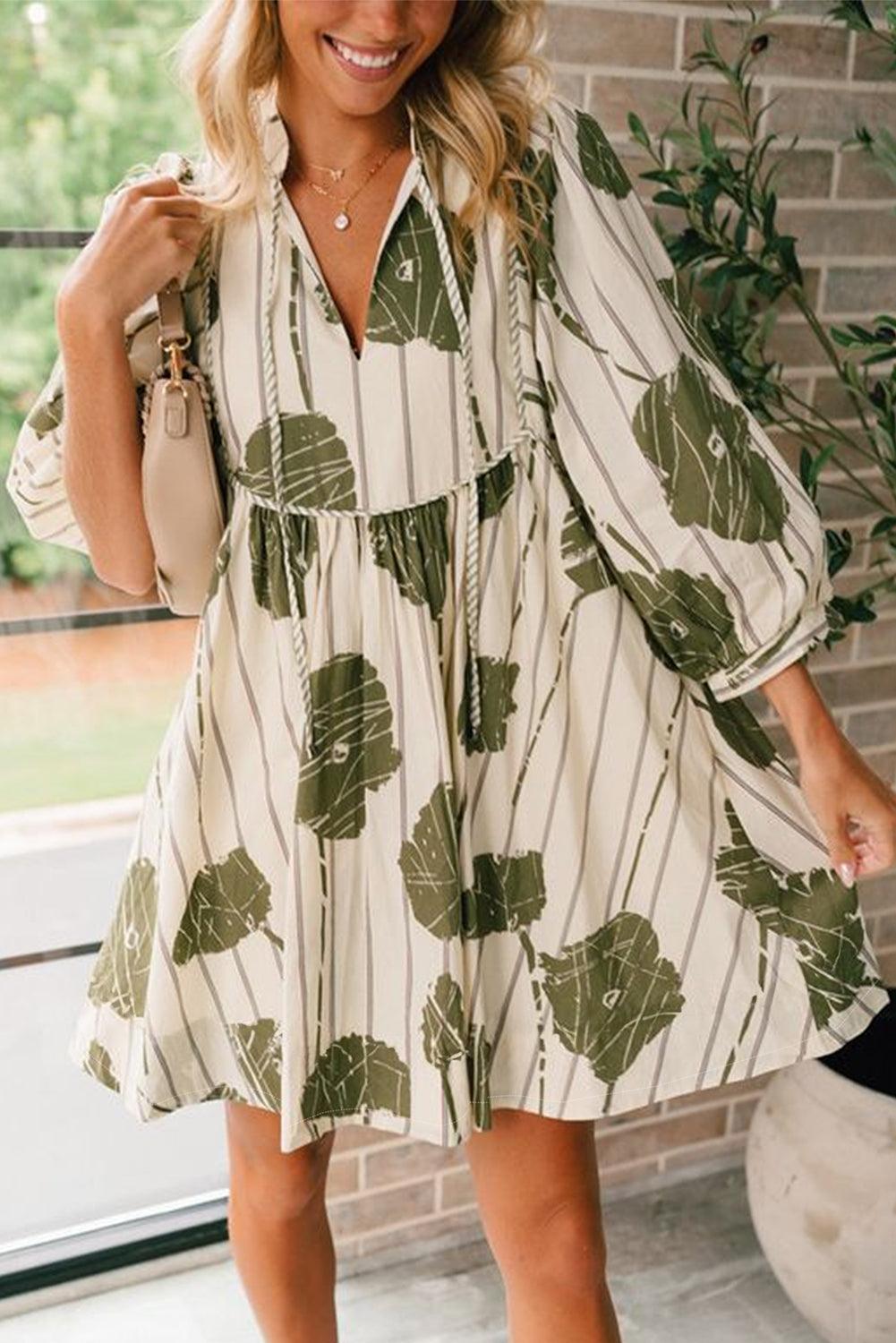 Guacamole Green Floral Striped Print Contrast Piping Puff Sleeve Dress - Blu Lotus Boutique