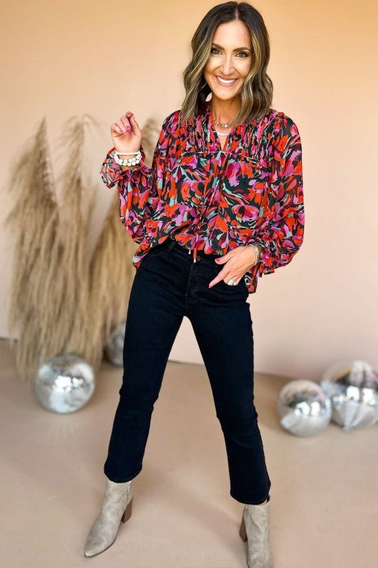 Abstract Floral Shirred Detail Puff Sleeve Blouse - Blu Lotus Boutique