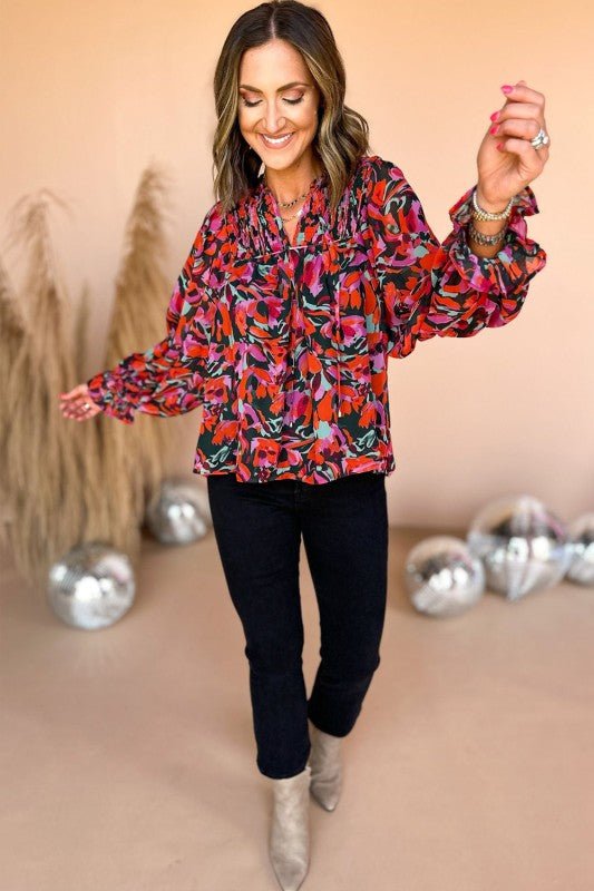 Abstract Floral Shirred Detail Puff Sleeve Blouse - Blu Lotus Boutique