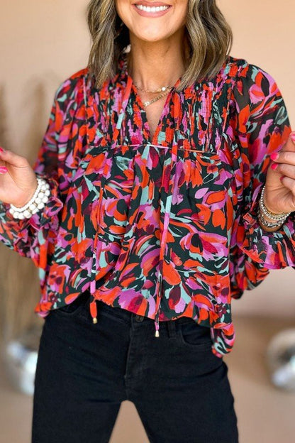 Abstract Floral Shirred Detail Puff Sleeve Blouse - Blu Lotus Boutique