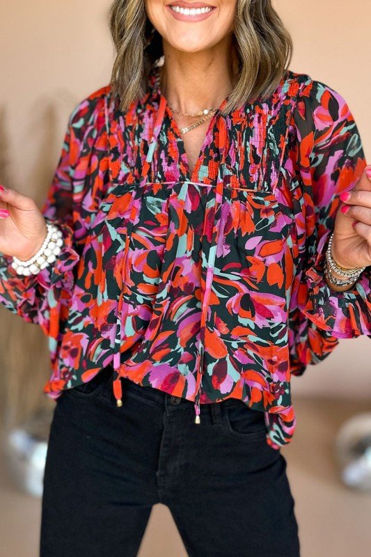 Abstract Floral Shirred Detail Puff Sleeve Blouse - Blu Lotus Boutique