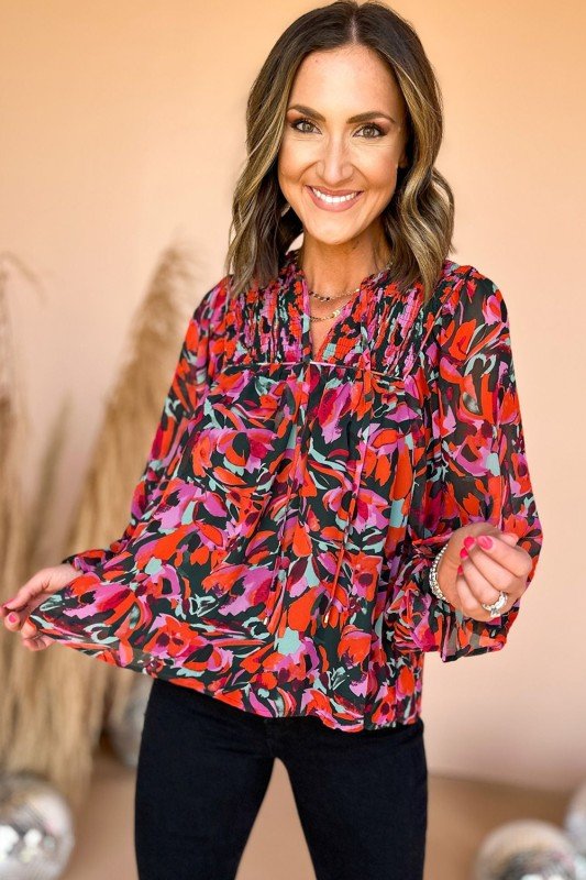 Abstract Floral Shirred Detail Puff Sleeve Blouse - Blu Lotus Boutique