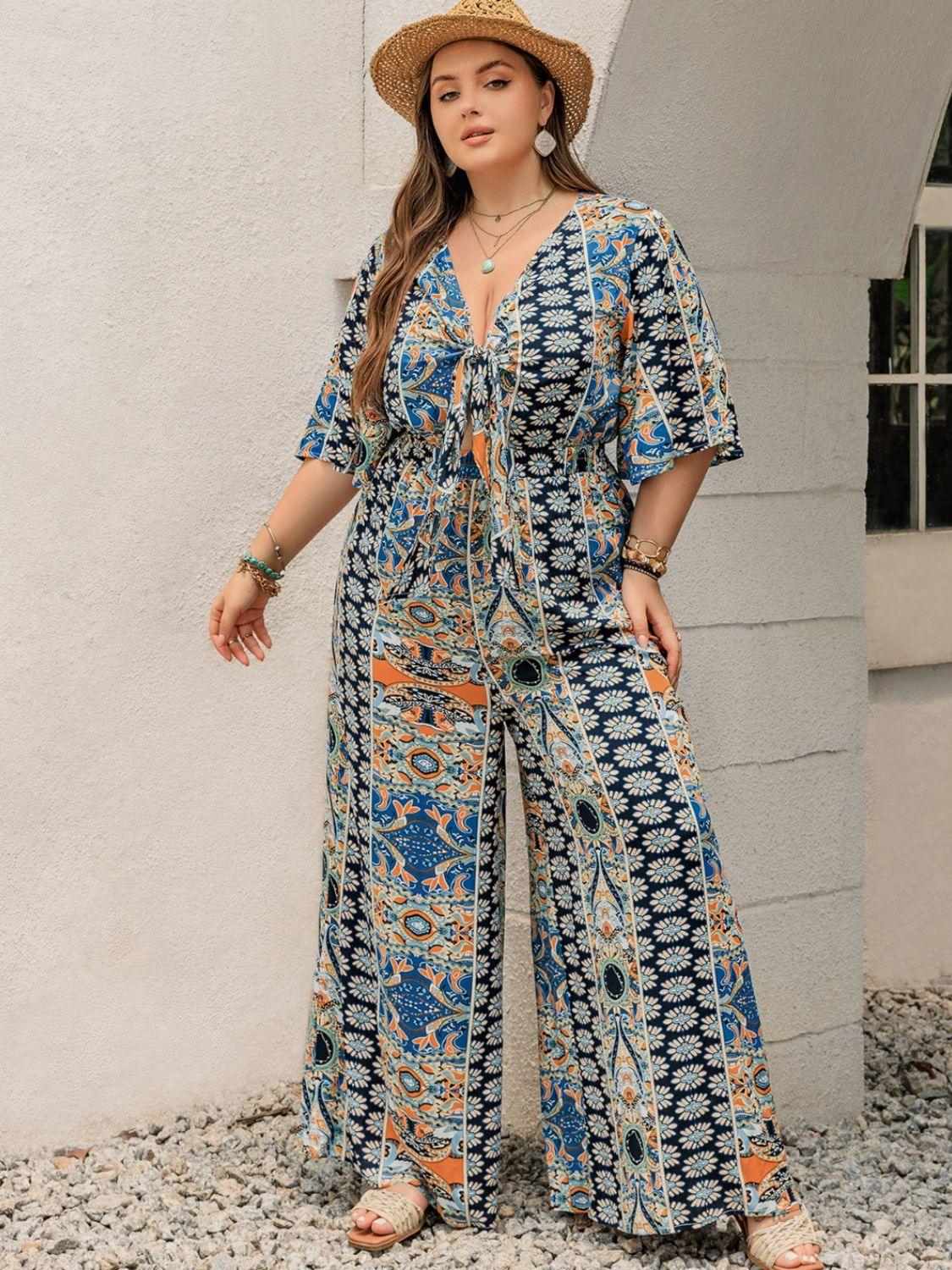 Plus Size Printed Half Sleeve Wide Leg Jumpsuit - Blu Lotus Boutique