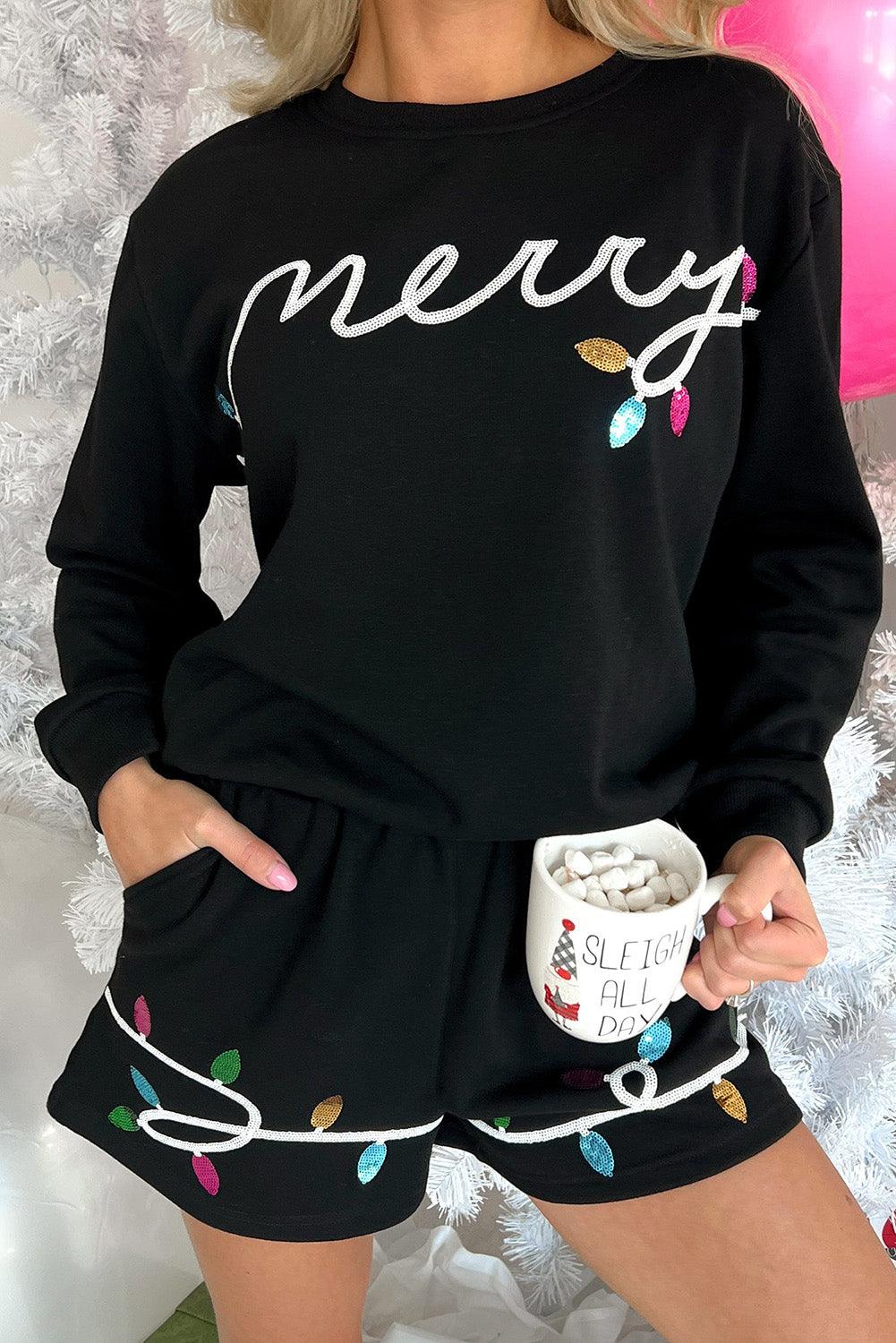 Black Sequin Merry Graphic Pullover and Shorts Outfit - Blu Lotus Boutique