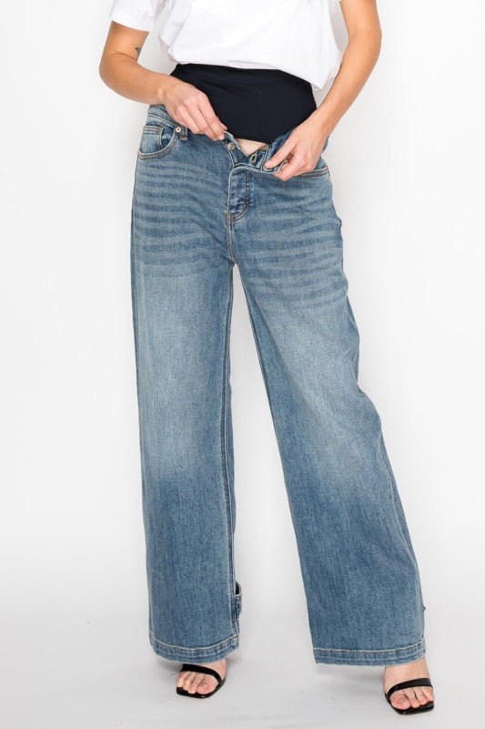 Adjustable Hem Knit Band Wide Leg Jeans - Blu Lotus Boutique