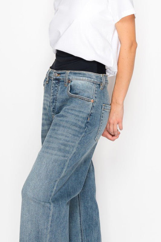 Adjustable Hem Knit Band Wide Leg Jeans - Blu Lotus Boutique