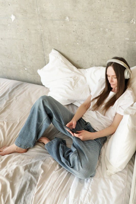 Adjustable Hem Knit Band Wide Leg Jeans - Blu Lotus Boutique