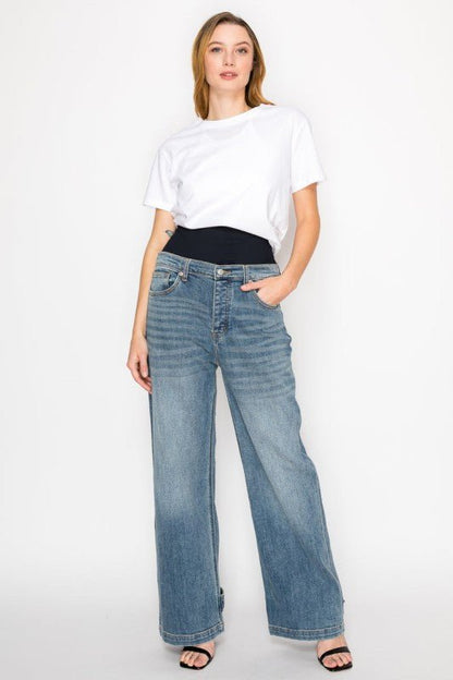 Adjustable Hem Knit Band Wide Leg Jeans - Blu Lotus Boutique