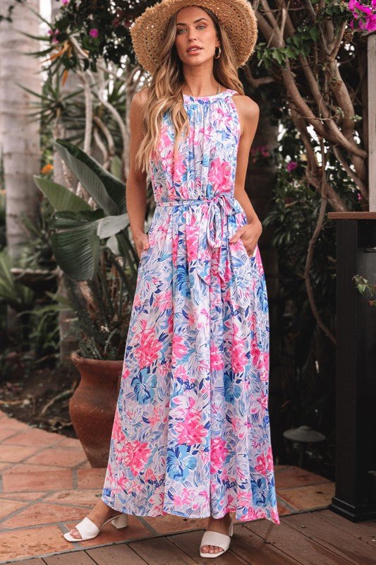 Adley Floral Sleeveless O Neck Knot Waist Maxi Dre - Blu Lotus Boutique