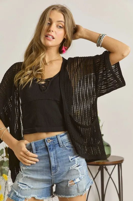 ADORA Fishnet Knit 3/4 Sleeve Cardigan - Blu Lotus Boutique