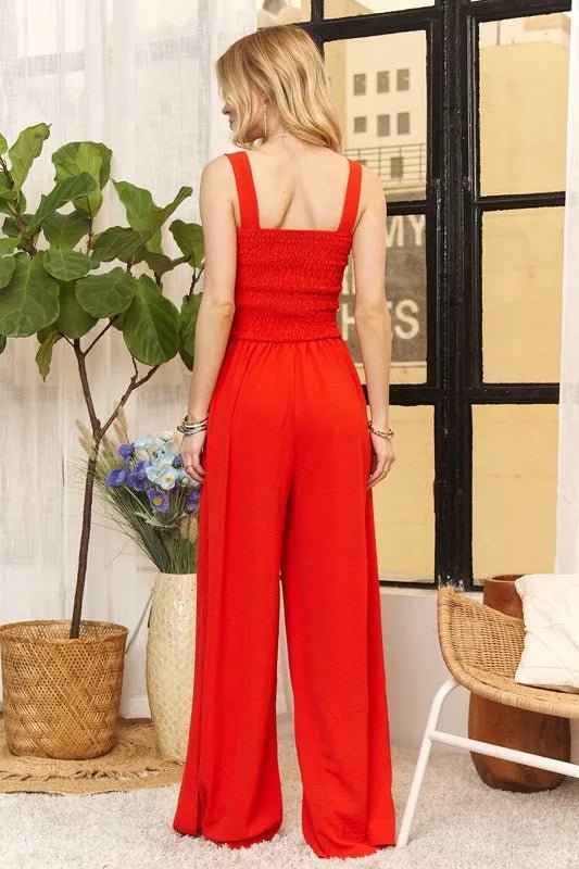 ADORA Full Size Smocking Top Wide Leg Jumpsuit Plus Size - Blu Lotus Boutique
