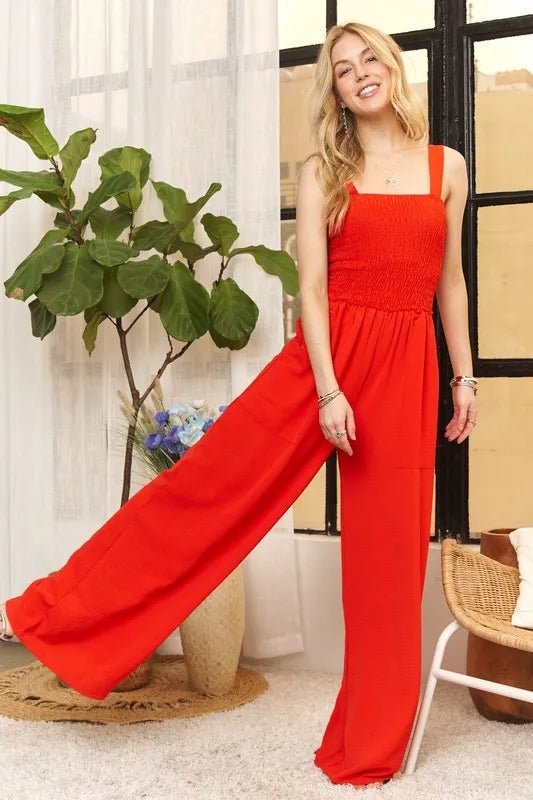 ADORA Full Size Smocking Top Wide Leg Jumpsuit Plus Size - Blu Lotus Boutique