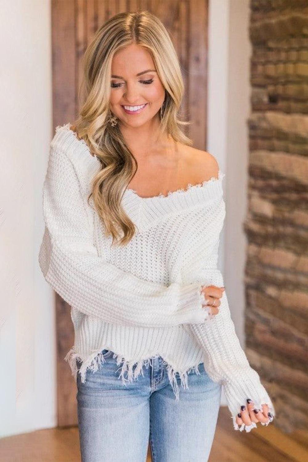 Frayed Hem Dropped Shoulder Sweater - Blu Lotus Boutique