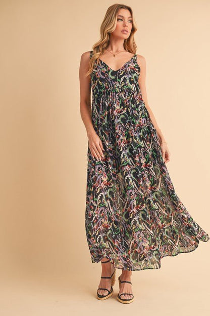 Aemi + Co Printed V - Neck Frill Tiered Cami Dress - Blu Lotus Boutique