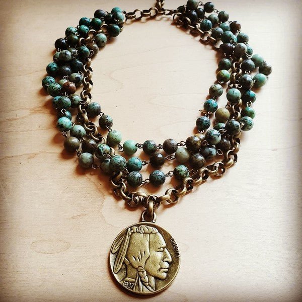 African turquoise collar lenght necklace with coin - Blu Lotus Boutique