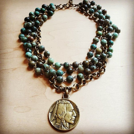 African turquoise collar lenght necklace with coin - Blu Lotus Boutique