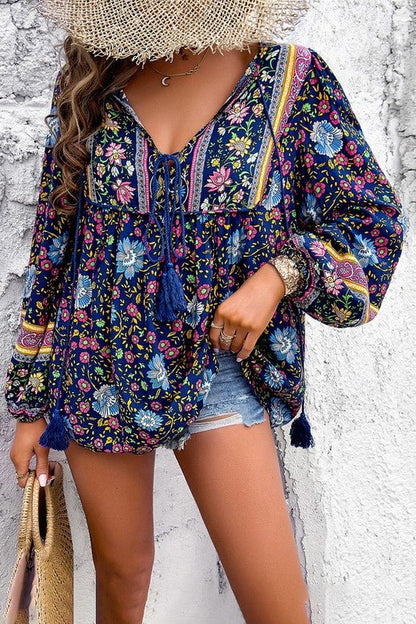 All Over Floral Print Cross Deep V Boho Top - Blu Lotus Boutique
