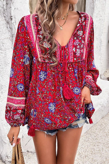 All Over Floral Print Cross Deep V Boho Top - Blu Lotus Boutique