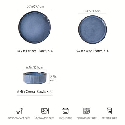 ALOFMO Blue Striped Reactive Glaze Dinnerware Set for 4 - Blu Lotus Boutique