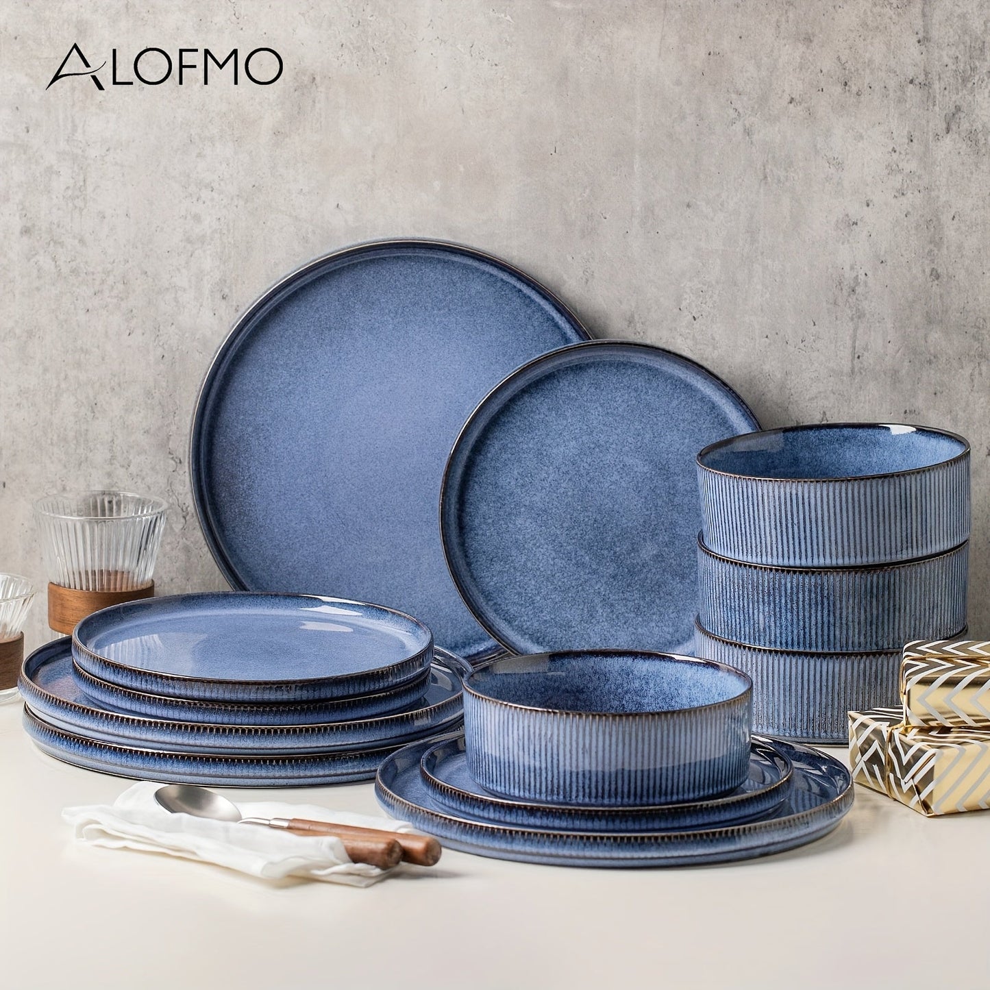 ALOFMO Blue Striped Reactive Glaze Dinnerware Set for 4 - Blu Lotus Boutique