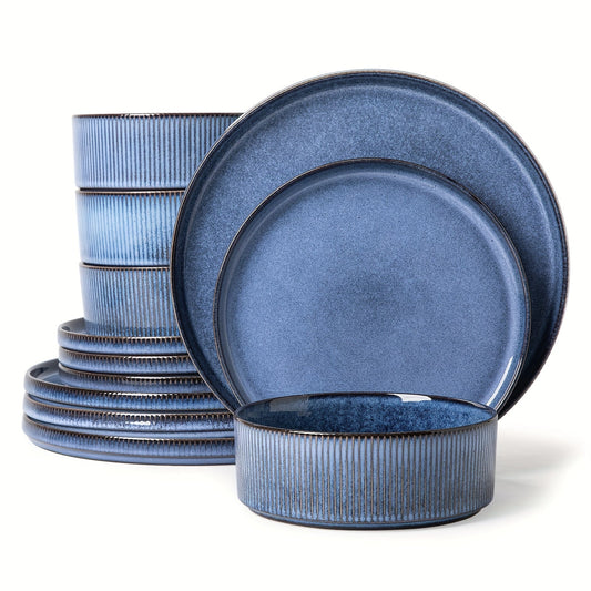 ALOFMO Blue Striped Reactive Glaze Dinnerware Set for 4 - Blu Lotus Boutique