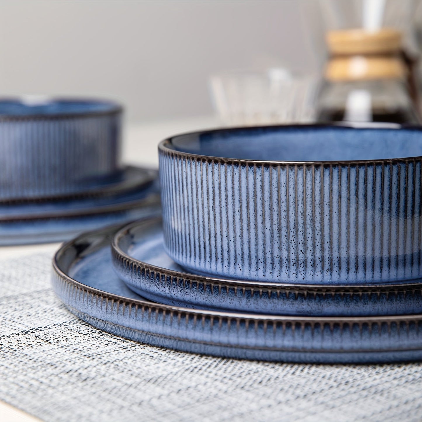ALOFMO Blue Striped Reactive Glaze Dinnerware Set for 4 - Blu Lotus Boutique