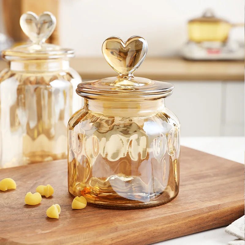 Amber Heart Glass Bottle Sealed Jar with Lid Kitchen Food Storage Container Nut Coffee Bean Candy Jar Clear Glass Box Home Decor - Blu Lotus Boutique