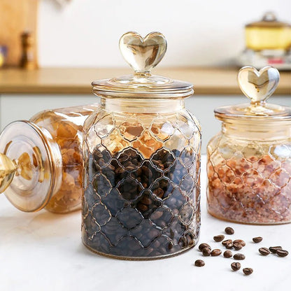 Amber Heart Glass Bottle Sealed Jar with Lid Kitchen Food Storage Container Nut Coffee Bean Candy Jar Clear Glass Box Home Decor - Blu Lotus Boutique