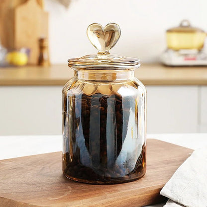 Amber Heart Glass Bottle Sealed Jar with Lid Kitchen Food Storage Container Nut Coffee Bean Candy Jar Clear Glass Box Home Decor - Blu Lotus Boutique