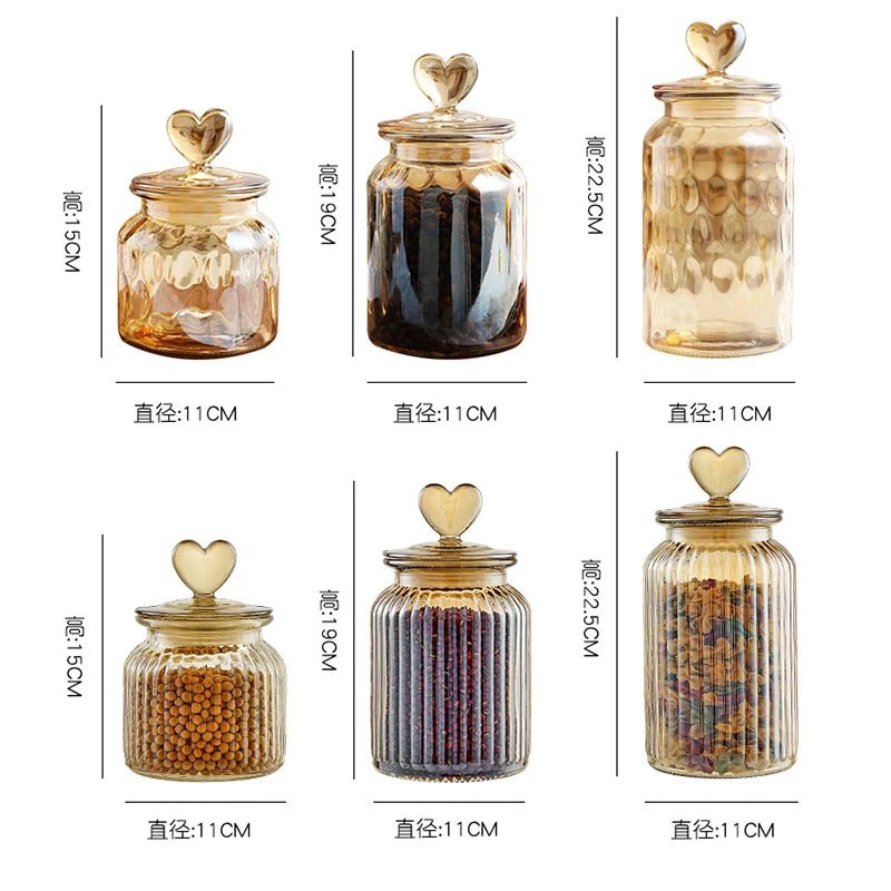 Amber Heart Glass Bottle Sealed Jar with Lid Kitchen Food Storage Container Nut Coffee Bean Candy Jar Clear Glass Box Home Decor - Blu Lotus Boutique