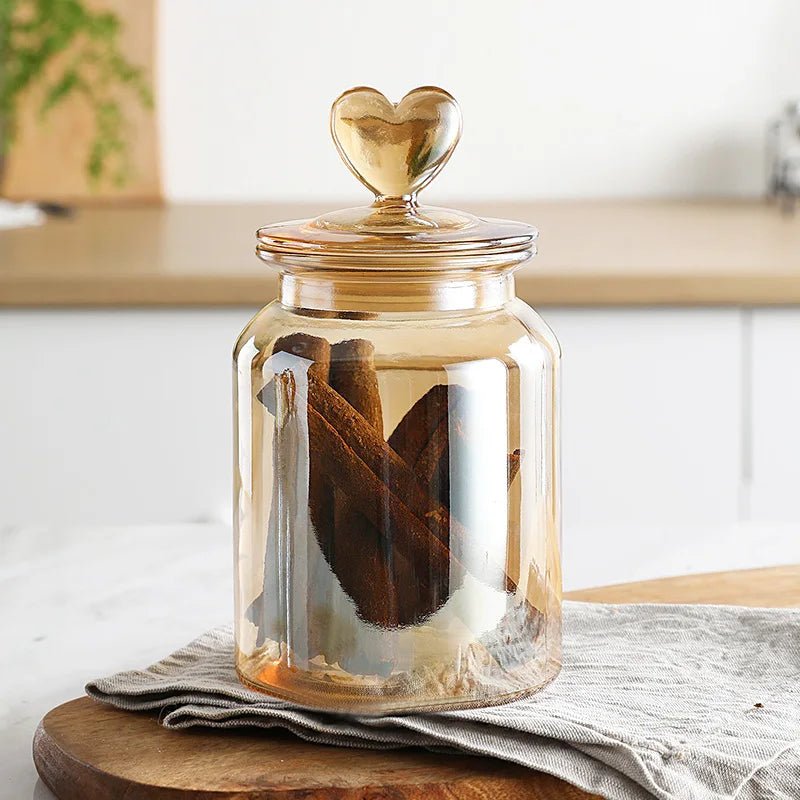 Amber Heart Glass Bottle Sealed Jar with Lid Kitchen Food Storage Container Nut Coffee Bean Candy Jar Clear Glass Box Home Decor - Blu Lotus Boutique