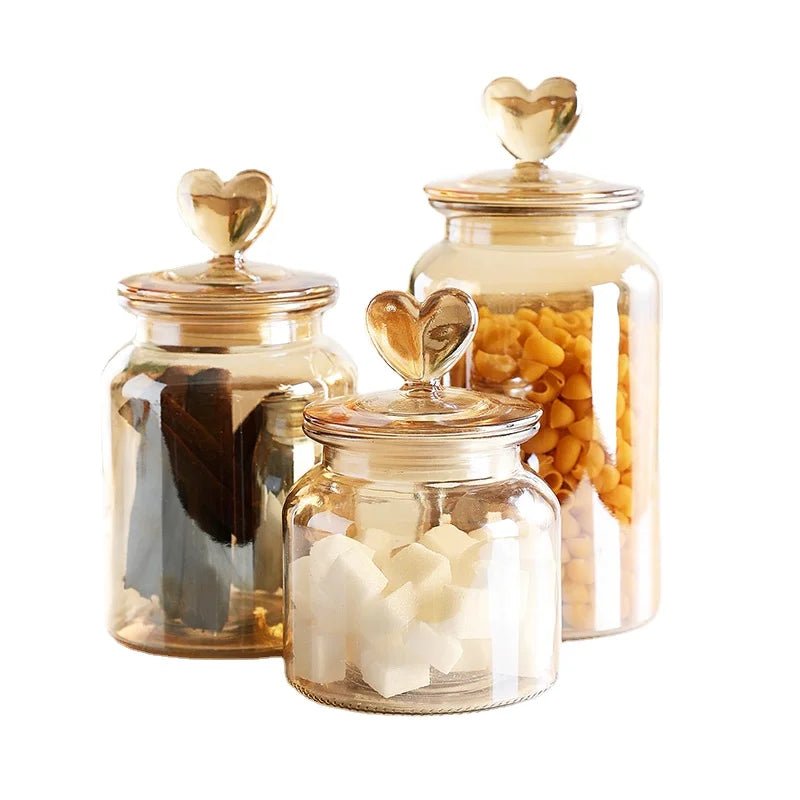 Amber Heart Glass Bottle Sealed Jar with Lid Kitchen Food Storage Container Nut Coffee Bean Candy Jar Clear Glass Box Home Decor - Blu Lotus Boutique